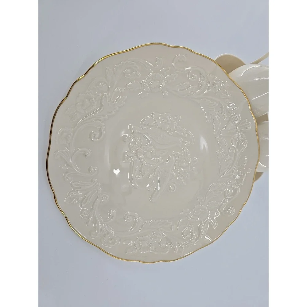 2 LENOX Sleek Creamy W/Gold Trim Pitchers In Bowl +Floral Bird Anniversary Plate